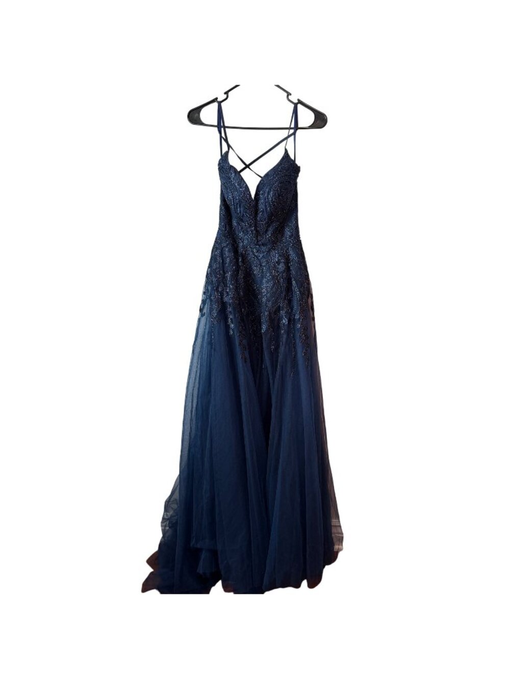 Dave & Johnny Navy Blue Sequined Embroidered Tulle Ball Gown Dress Criss-Cross